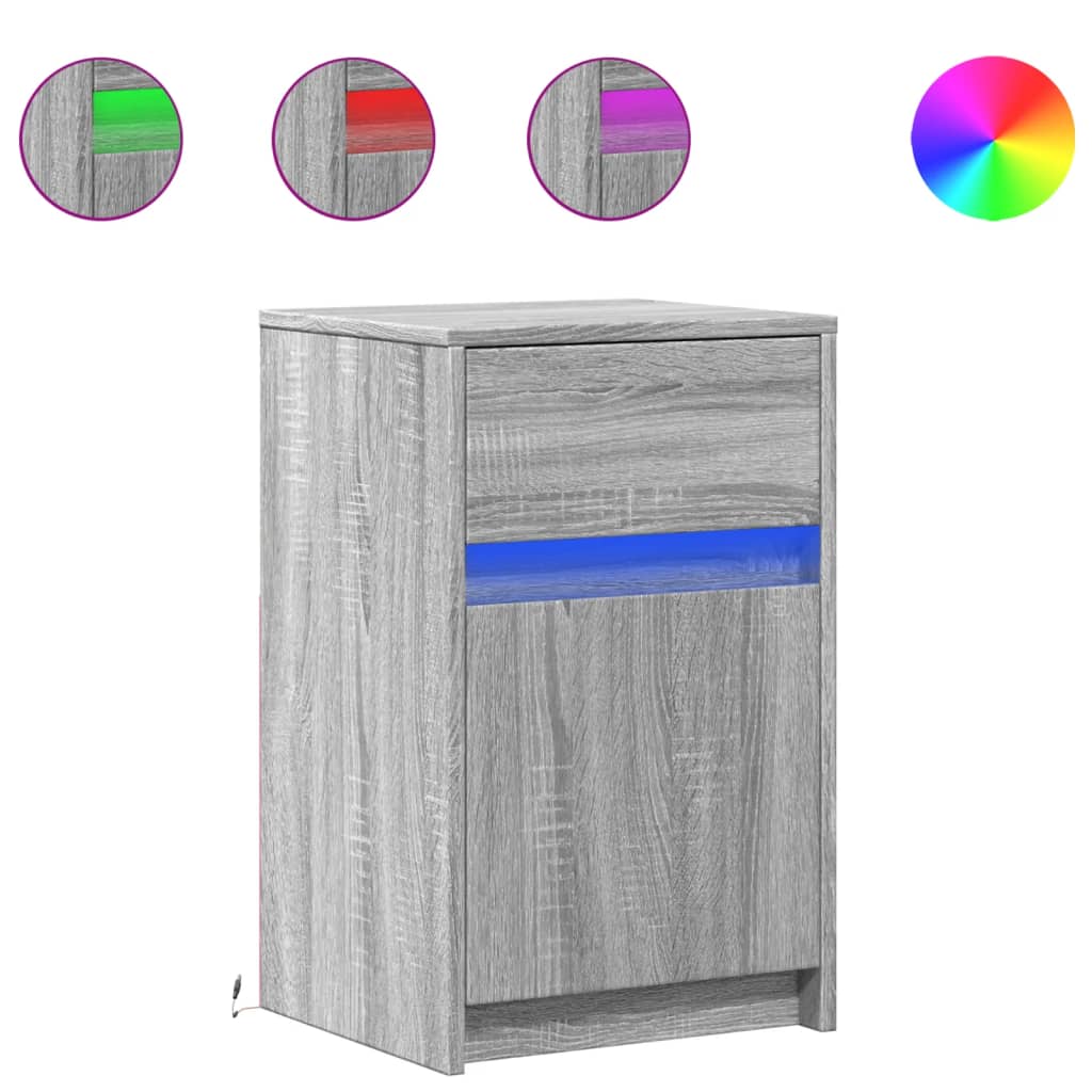 Mesita De Noche Con Luces Led Madera De Ingeniería Gris Sonoma_0