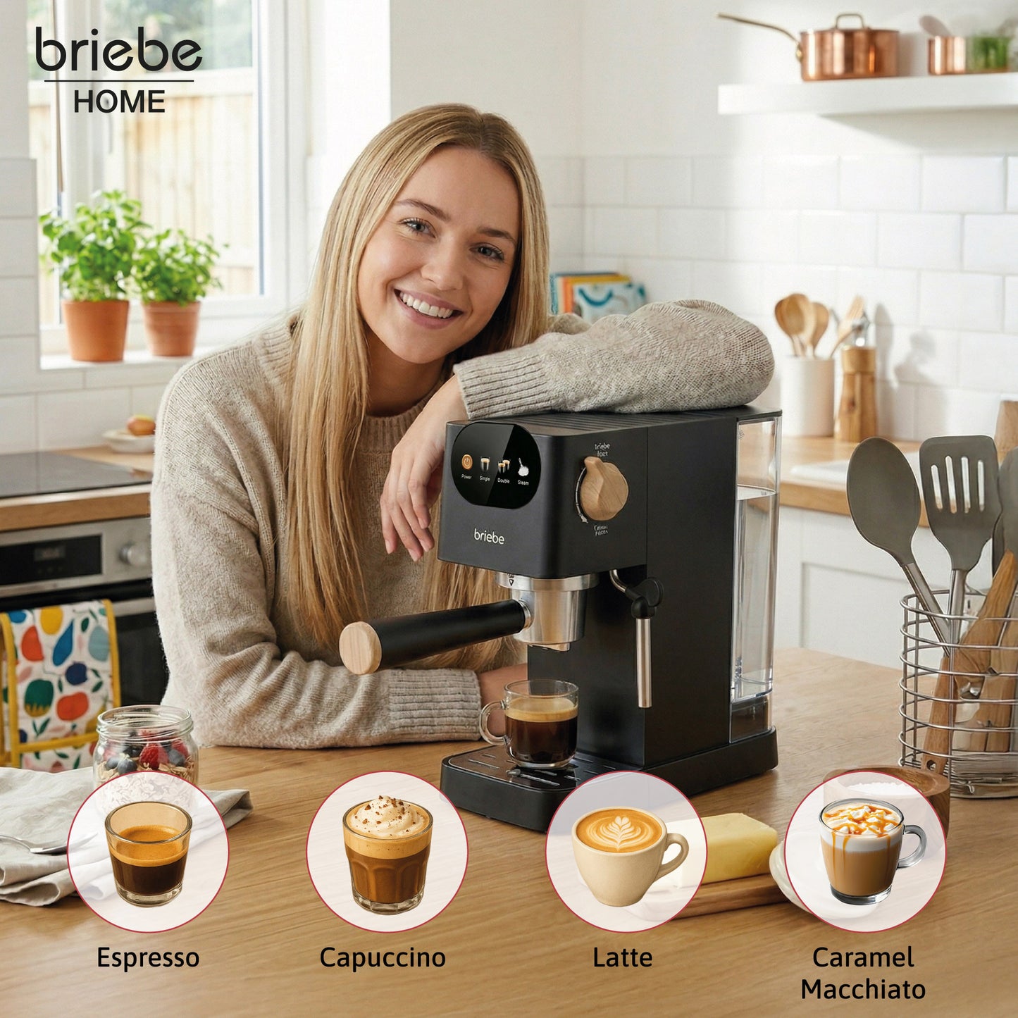 Briebe Nordic Cafetera Espresso 20 Bares Compatible Cápsulas Nespresso Y Café Molido Espumador Leche, Ec1180blk,negro_1