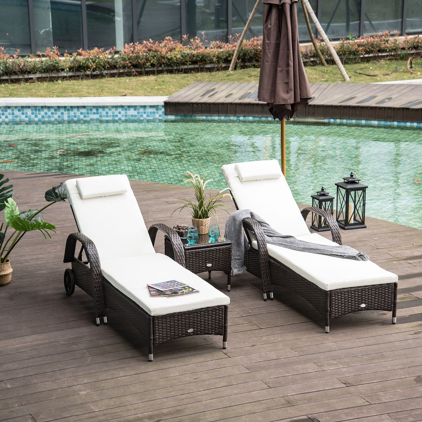 Outsunny Set 2 Tumbonas Con Respaldo Ajustable Y Mesa Para Jardín Marrón_1