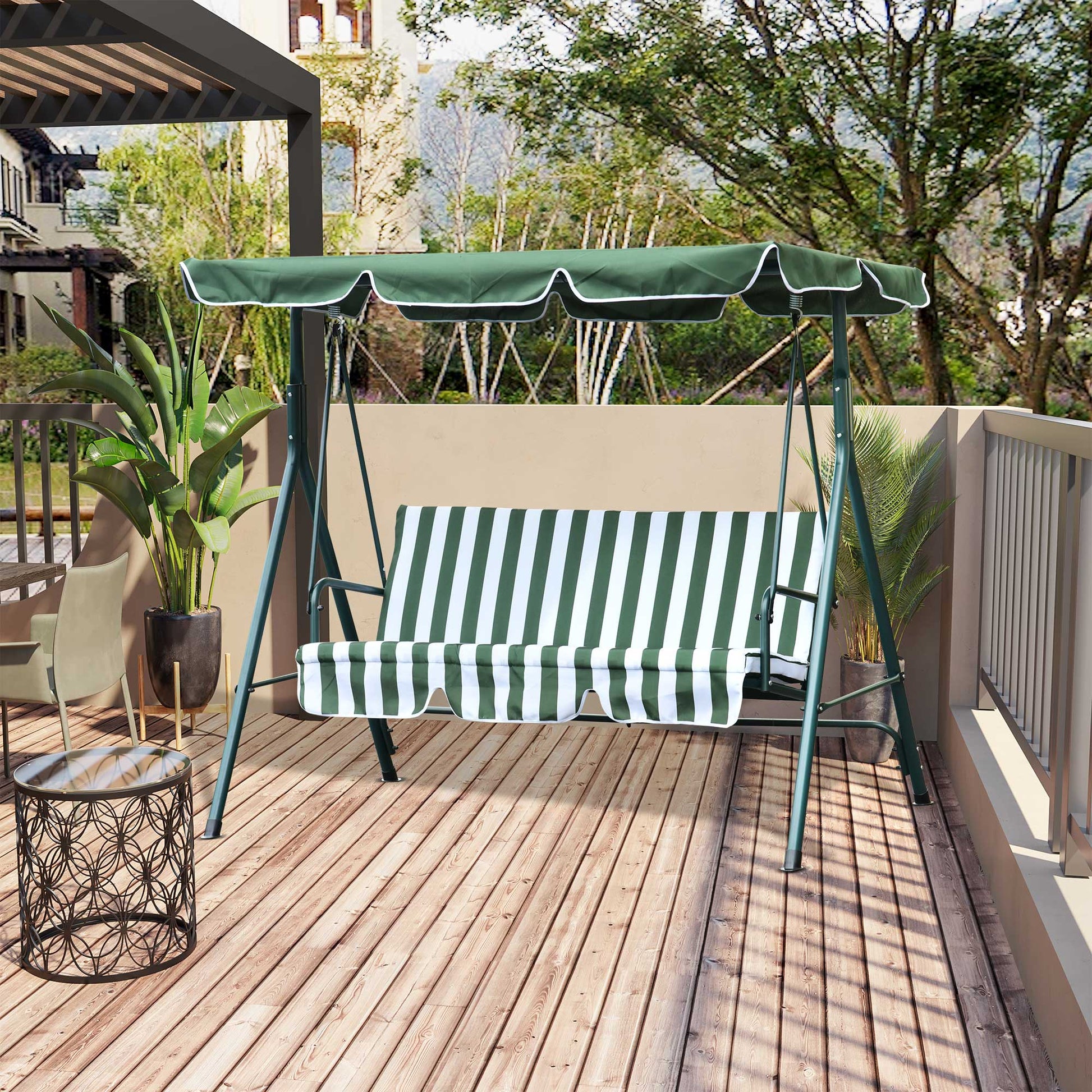 Outsunny Columpio Balancín De Jardín De 3 Plazas Con Techo Ajustable Raya Verde_1