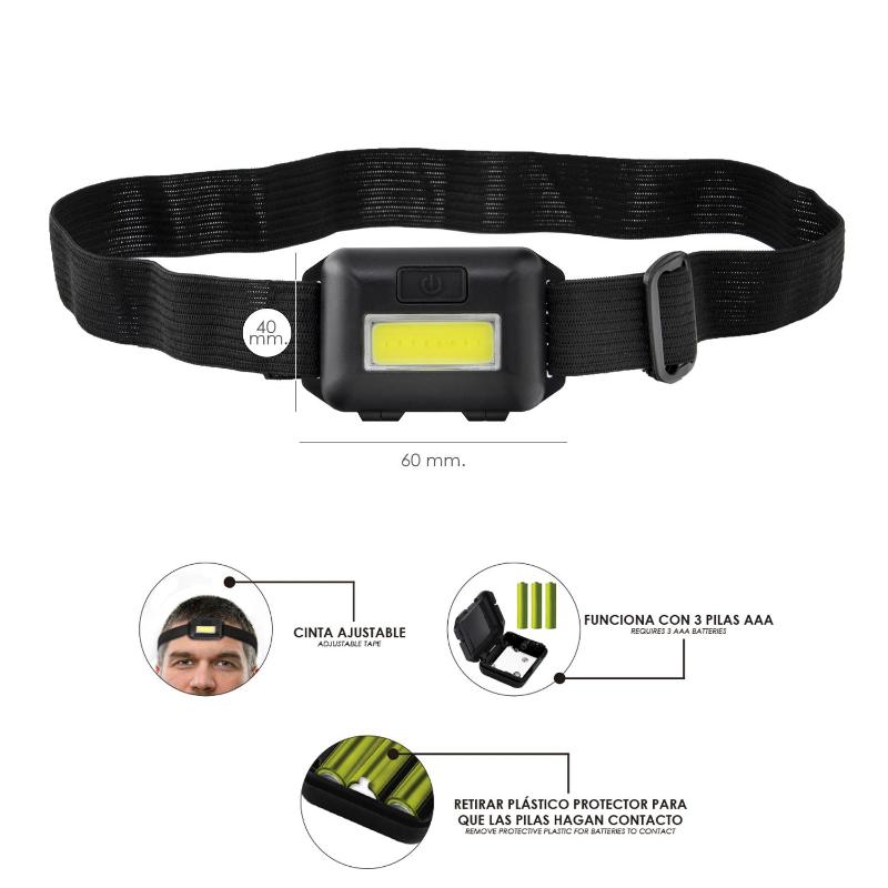 Linterna Led Frontal Cabeza Ajustable 120 Lumenes, 3 Modos, Cinta Ajustable, 3 Baterias Aaa Incluidas