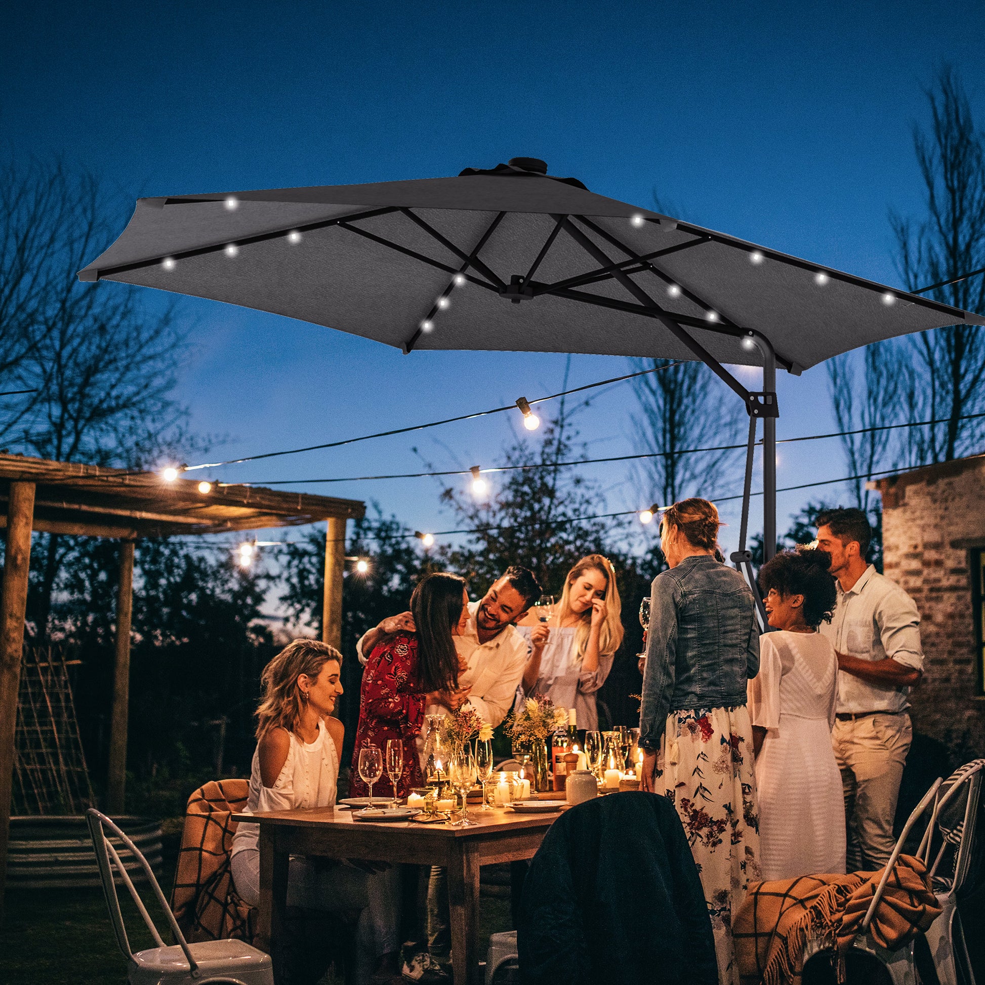 Outsunny Sombrilla Voladiza De 3 M Con Luces Led Parasol Excéntrico Con Manivela_1
