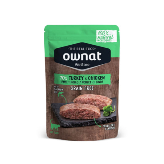 Ração Ownat Wetline para gatos sem cereais, peru e frango, 85 g