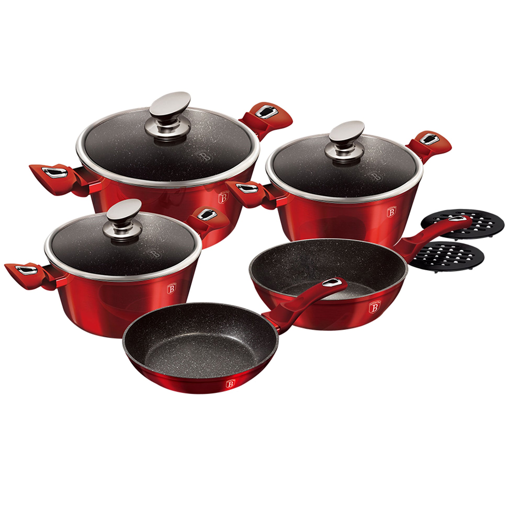 Batería Cocina Inducción 10 Piezas, Antiadherente Mármol Sin Pfoa, Aluminio, Cazuelas Sartenes Berlinger Haus Burgundy Rojo_3