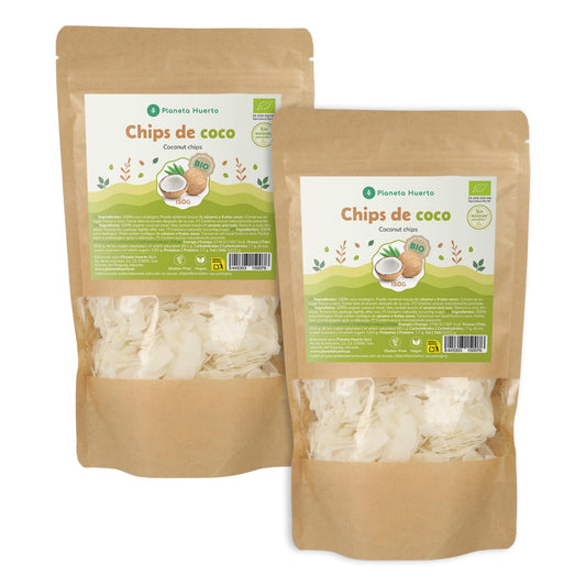 Embalagem com 2 chips de coco sem açúcar da Planeta Huerto, 150 g.