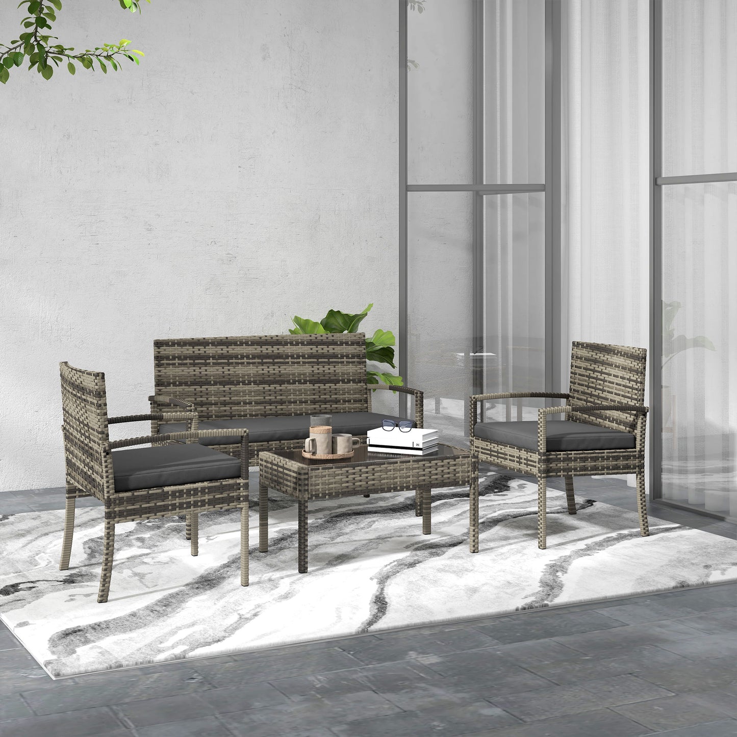 Outsunny Conjunto De Jardín De Ratán Sintético De 4 Piezas Gris_1