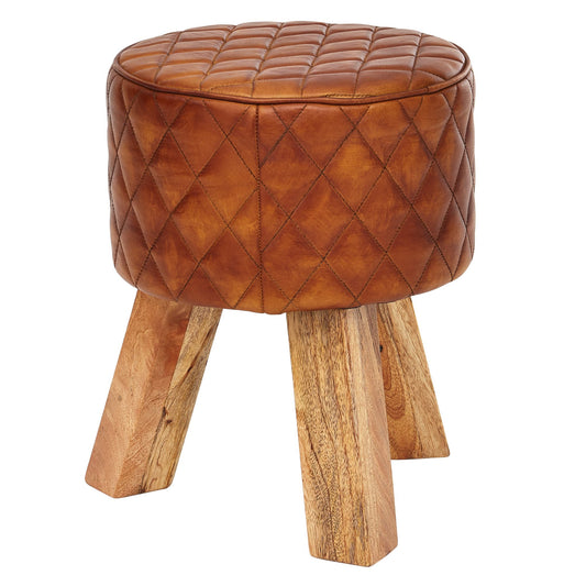 Taburete Cuero Y Madera Maciza 35x46x35 Cm_0