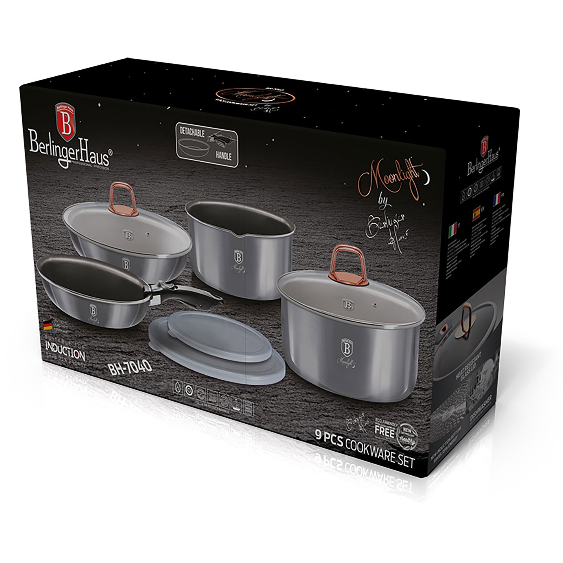 Batería De Cocina Aluminio Forjado 9 Piezas, Inducción, Asa Extraíble, Cazuelas Apilables Tapas Berlinger Haus Moonlight Gris_5