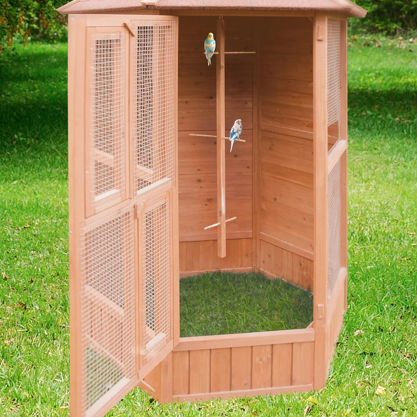 Voladera Para Pájaros De Jardín Exterior (canarios, Periquitos.) - Voladero Hexagonal En Madera_2