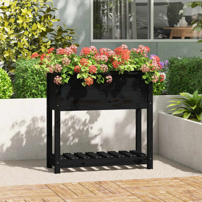 Jardinera Con Estante Madera Maciza Pino Negro 82,5x34,5x81 Cm_1