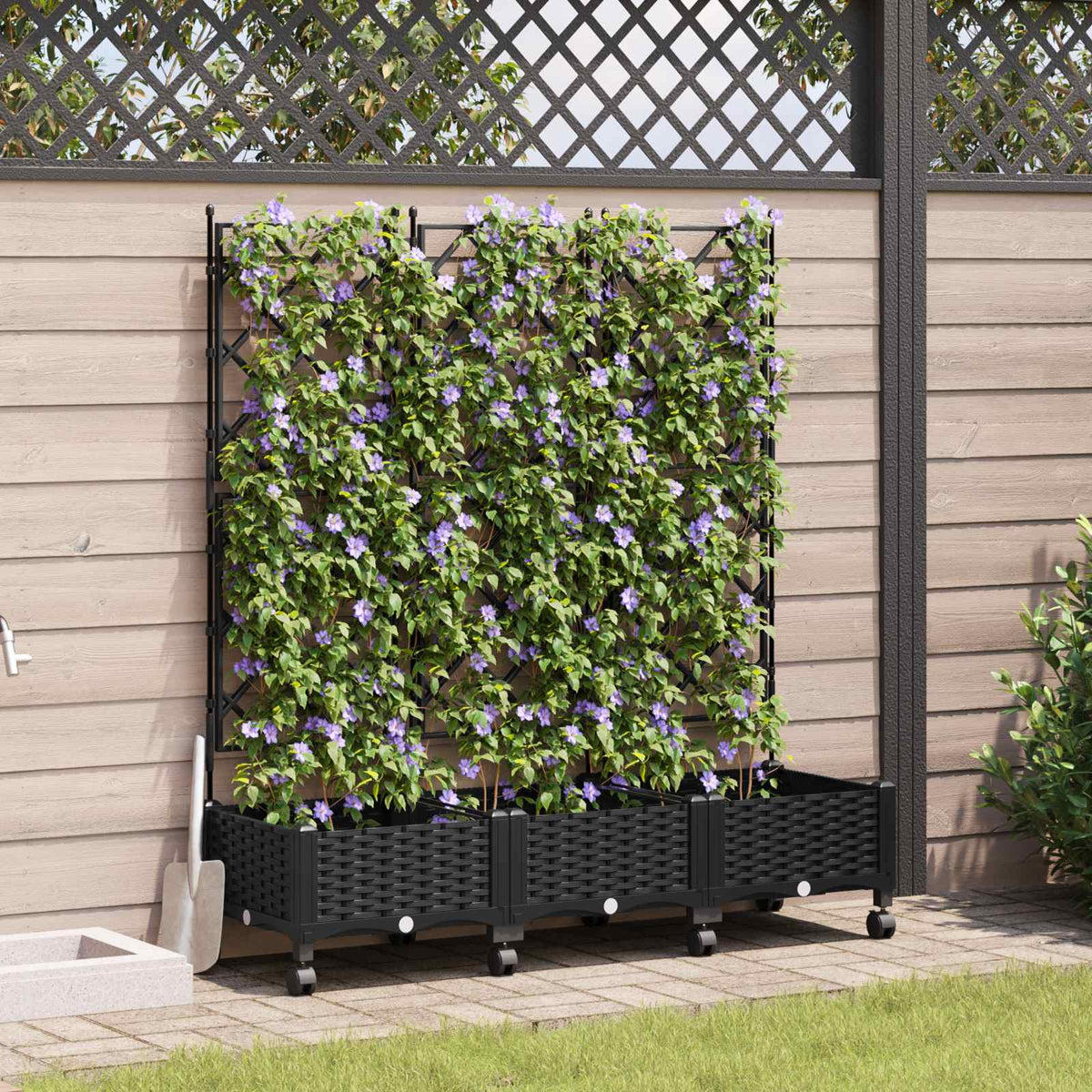 Jardinera Con Enrejado Y Ruedas 3 Uds. Negro Pp_1