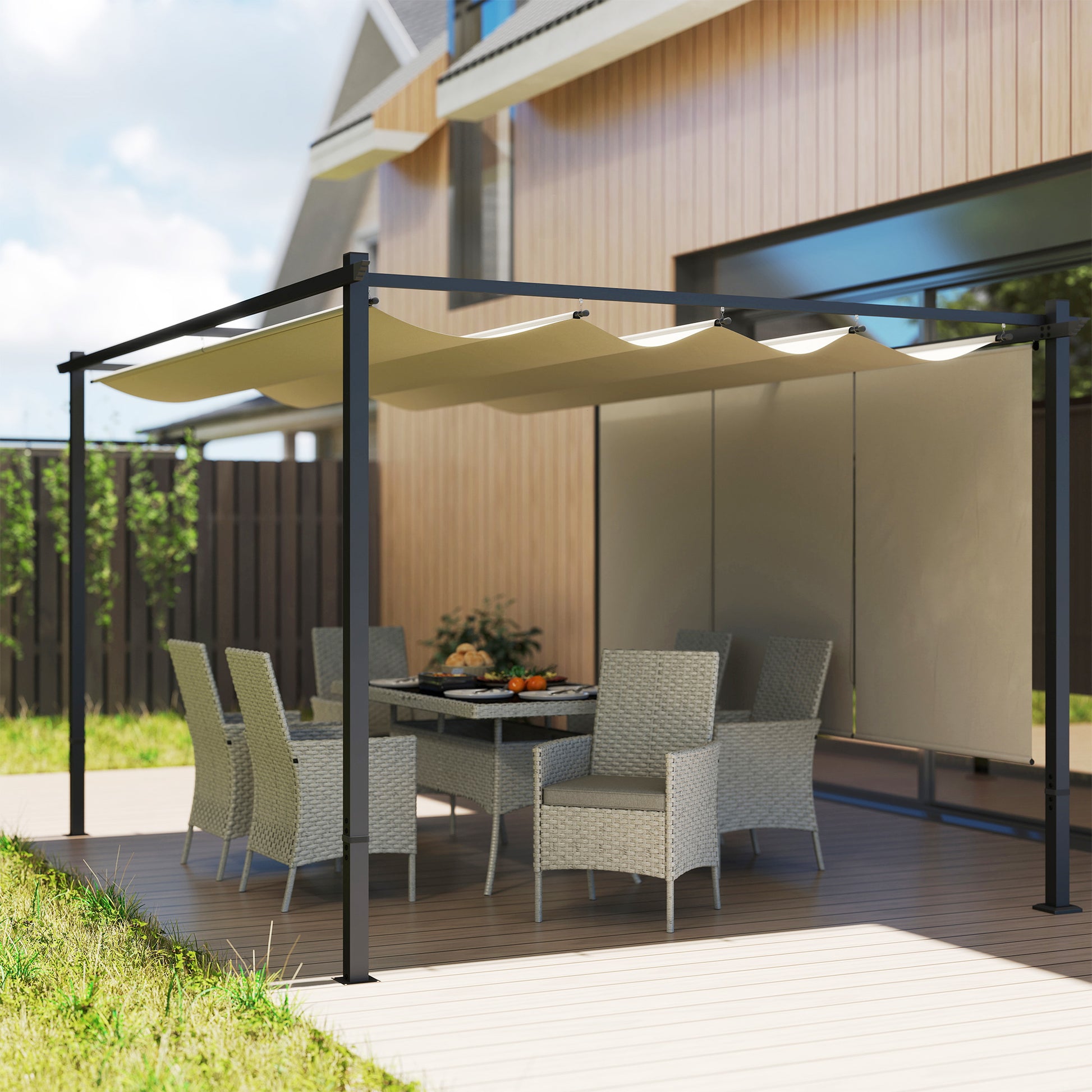 Outsunny Pérgola De Jardín 4x3 M Con Techo Retráctil Y 3 Laterales Enrollables_3