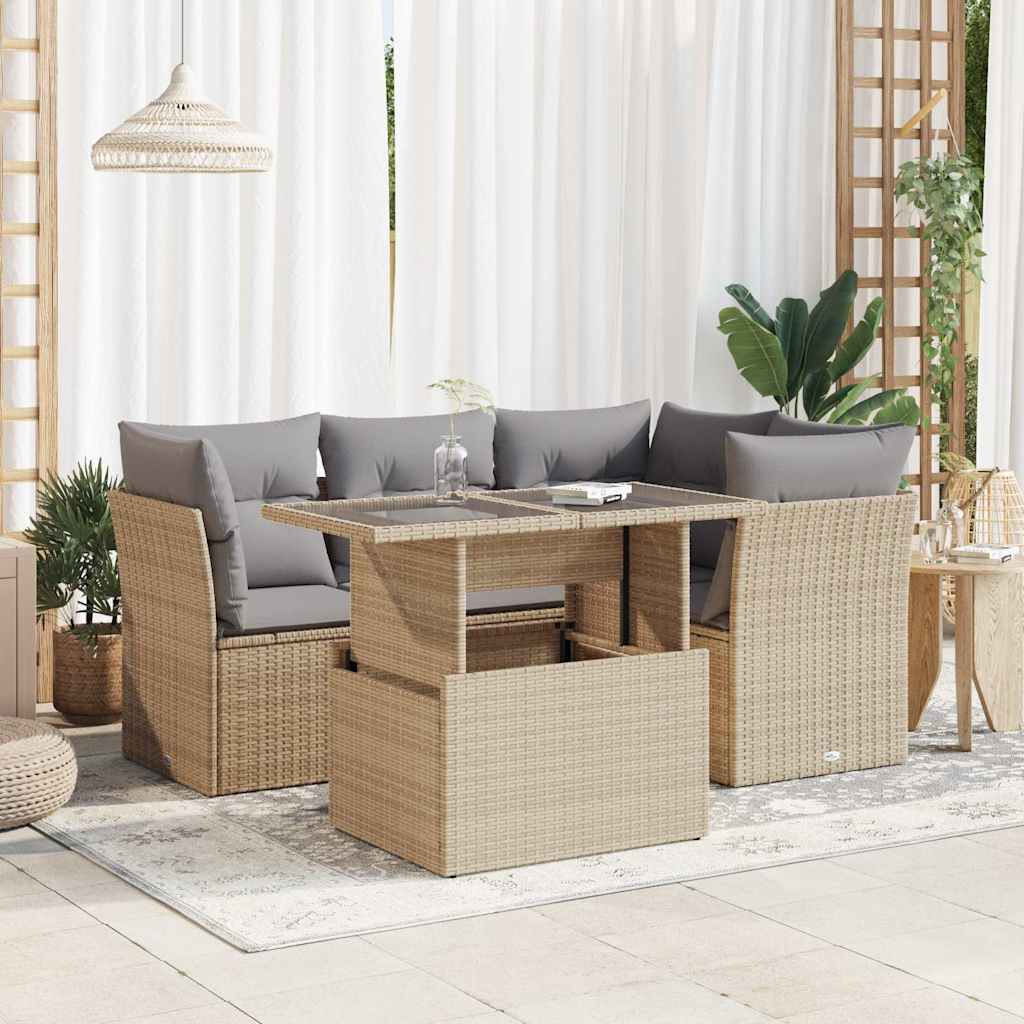 Juego De Sofás Jardín Con Cojines 5 Pzas Ratán Sintético Beige / Vetonek_3
