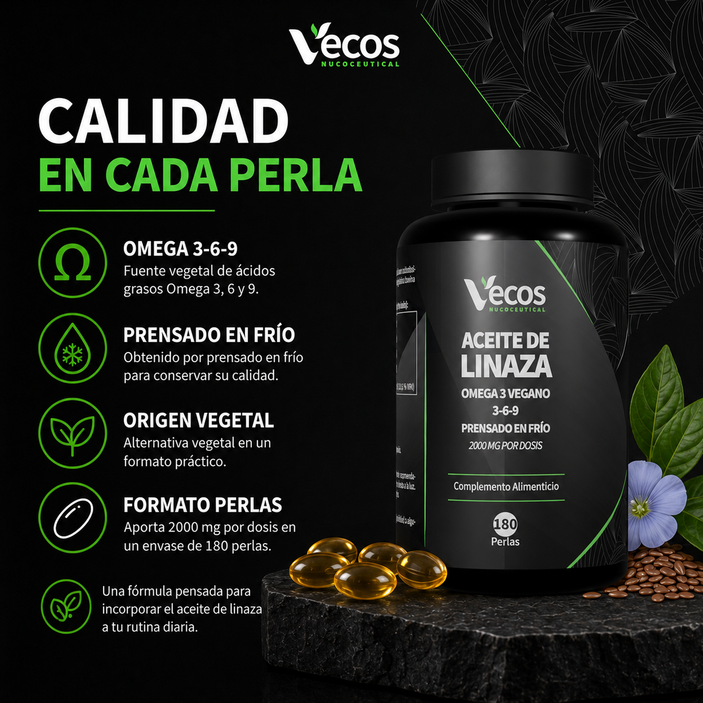 Aceite De Linaza 2000 Mg Vecos 180 Perlas | Corazón, Colesterol Y Antioxidante | Rico En Omega-3 De Origen Vegetal_2