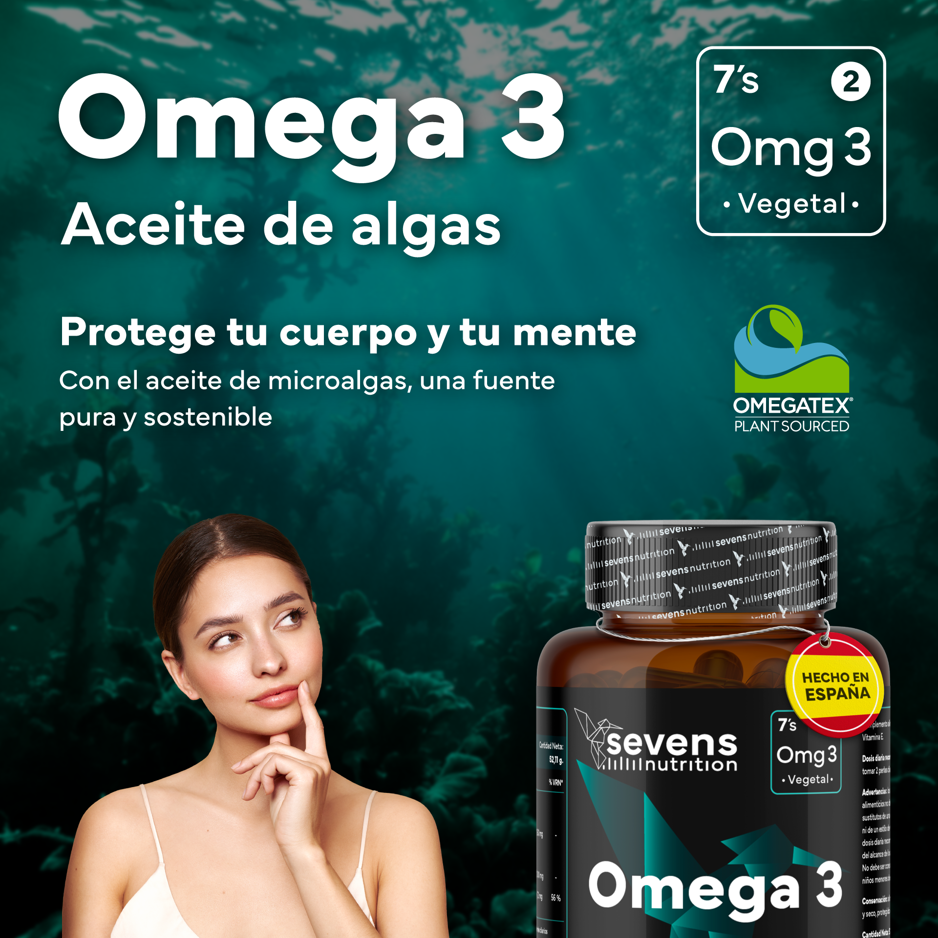 Omega 3 Vegano Sevens Nutrition. Dha Puro Para Cerebro, Visión Y Salud_1