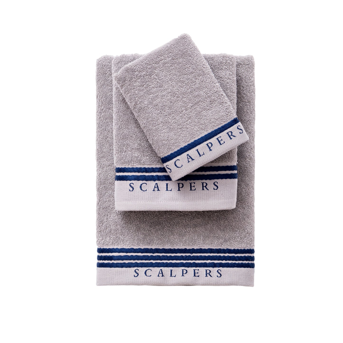 Set Toallas Baño (tocador 30x50cm + Manos 50x90cm + Baño 70x140cm) En Algodón Gris Con Azul Scalpers Home_0