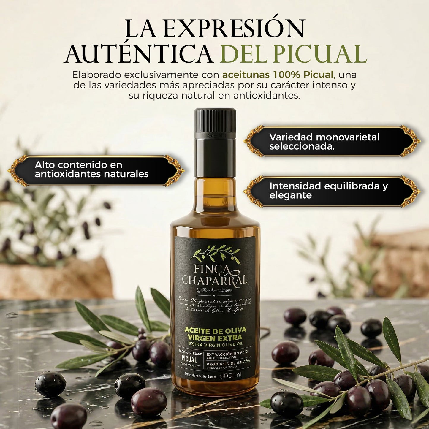 Aceite de Oliva Virgen Extra Picual Cosecha Temprana ·Finca Chaparral 500ml_1
