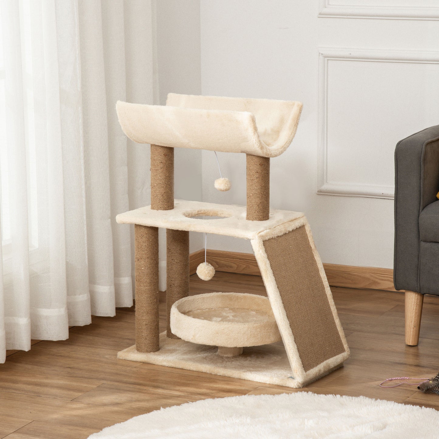 Pawhut Rascador Para Gatos Altura 76 Cm Con Plataforma En U Marrón Claro_1