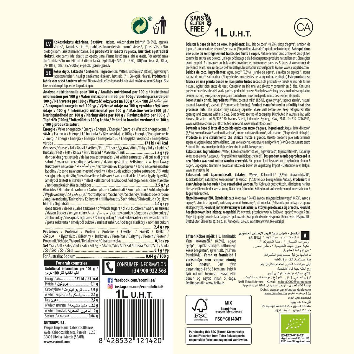 Bebida Vegetal EcoMil Coco e Agave 1L