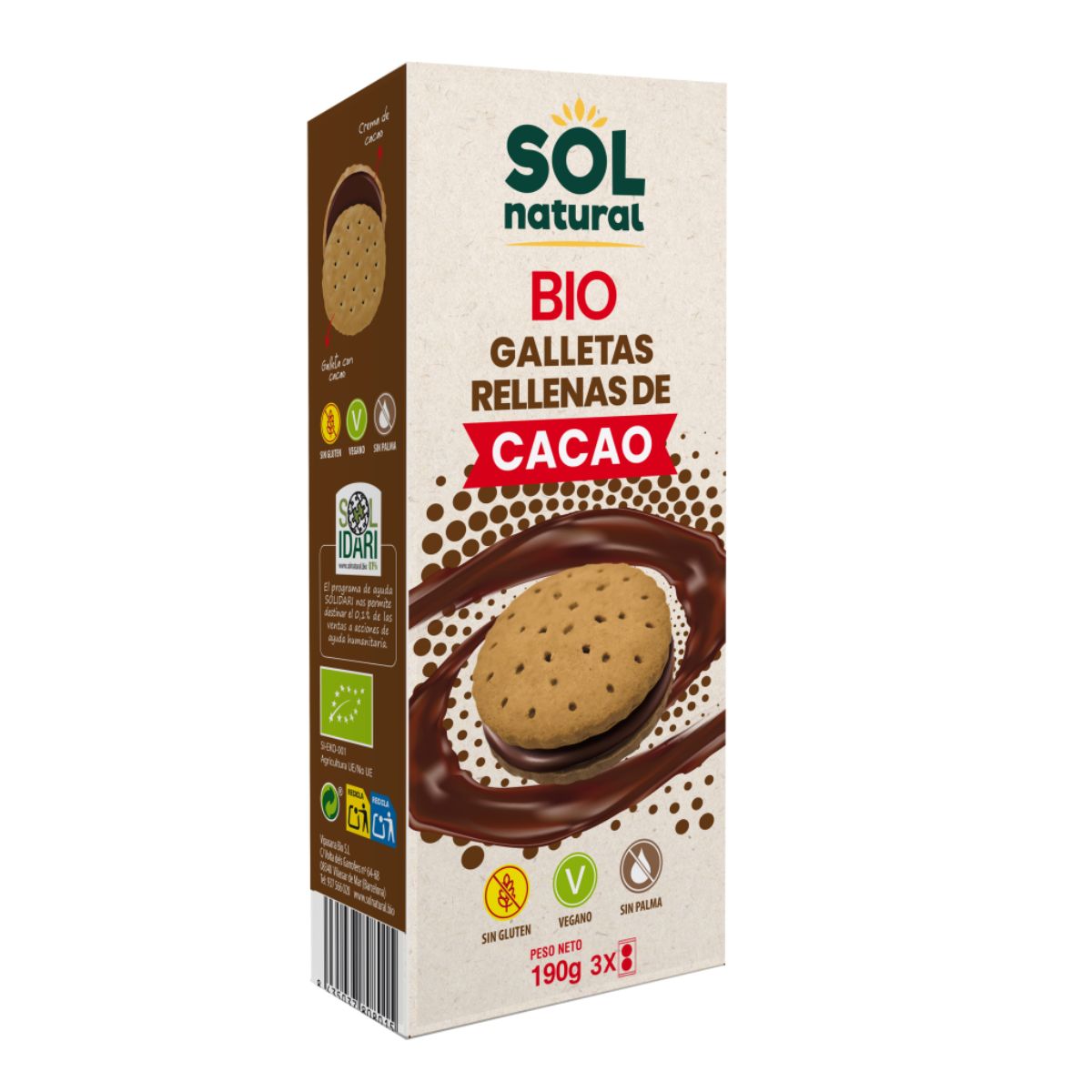 Galleta Rellena de Cacao Bio, Sol Natural, 190 g