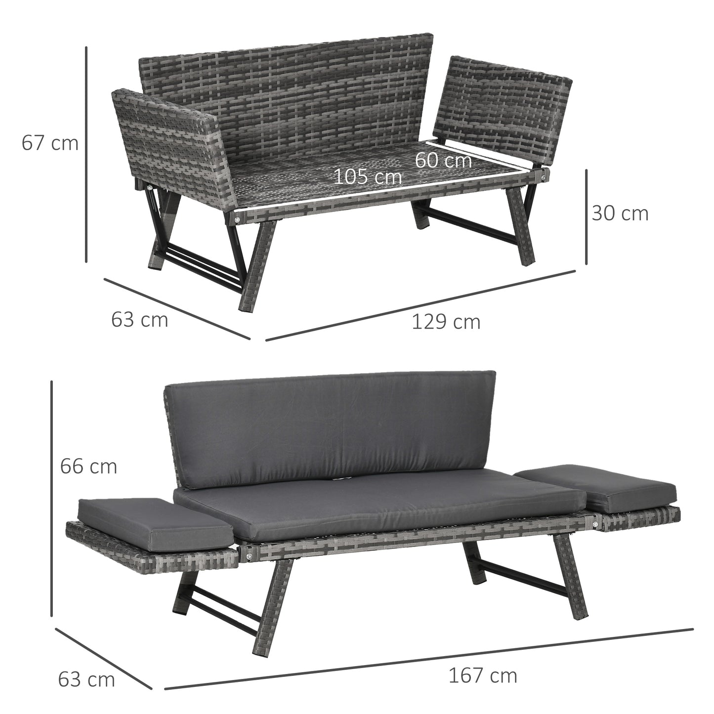 Outsunny Sofá De Ratán 2 Plazas Convertible Cama Con Cojines Acolchados Gris_2