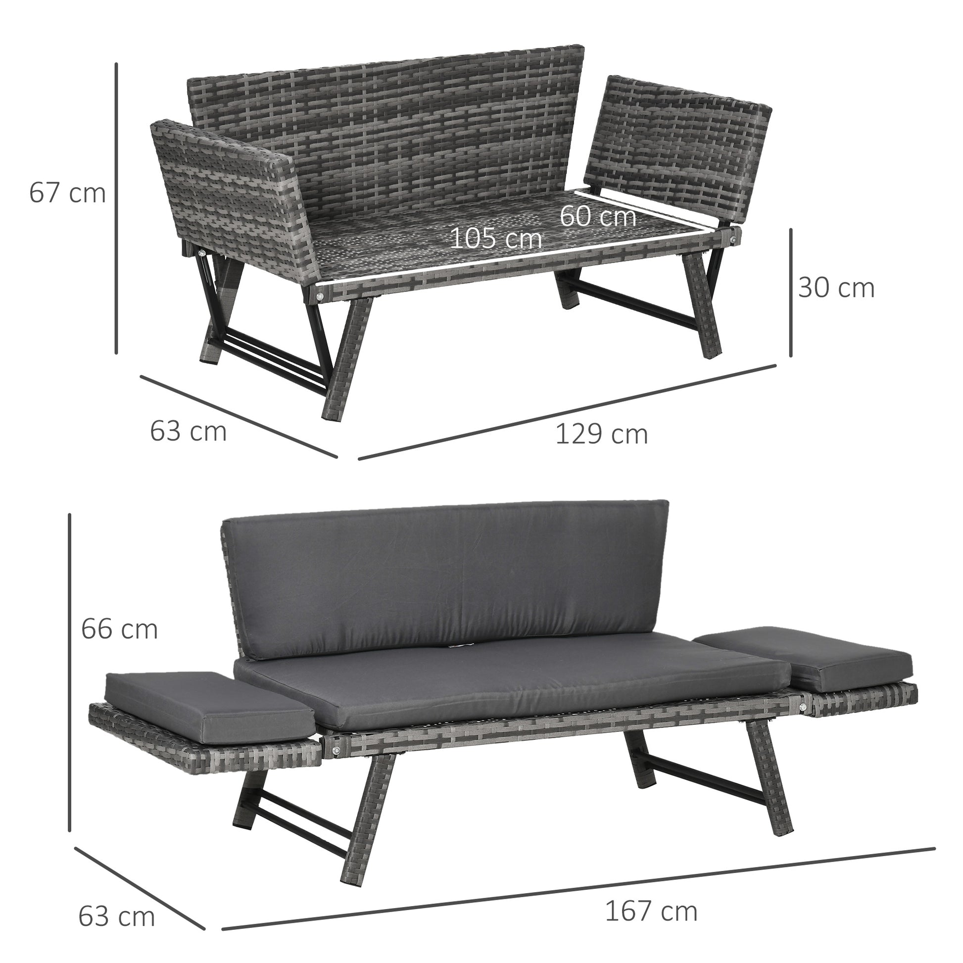 Outsunny Sofá De Ratán 2 Plazas Convertible Cama Con Cojines Acolchados Gris_2