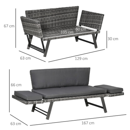 Outsunny Sofá De Ratán 2 Plazas Convertible Cama Con Cojines Acolchados Gris_2