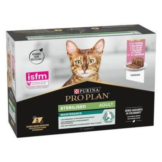 Terrine de Manutenção Esterilizada para Gatos Adultos Pro Plan com atum e salmão Purina lata 12x85g
