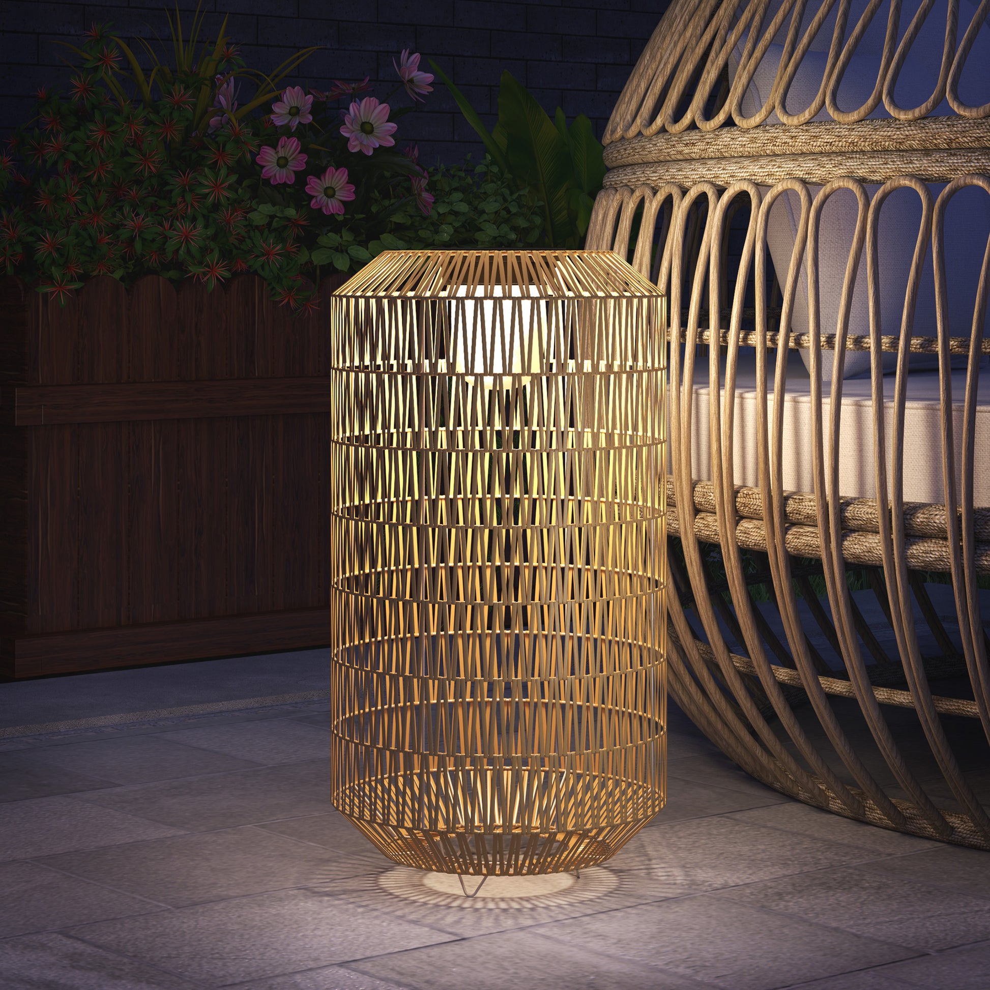Outsunny Linterna De Jardín De Ratán Sintético Con Luces Led Ø30x55 Cm Natural_1