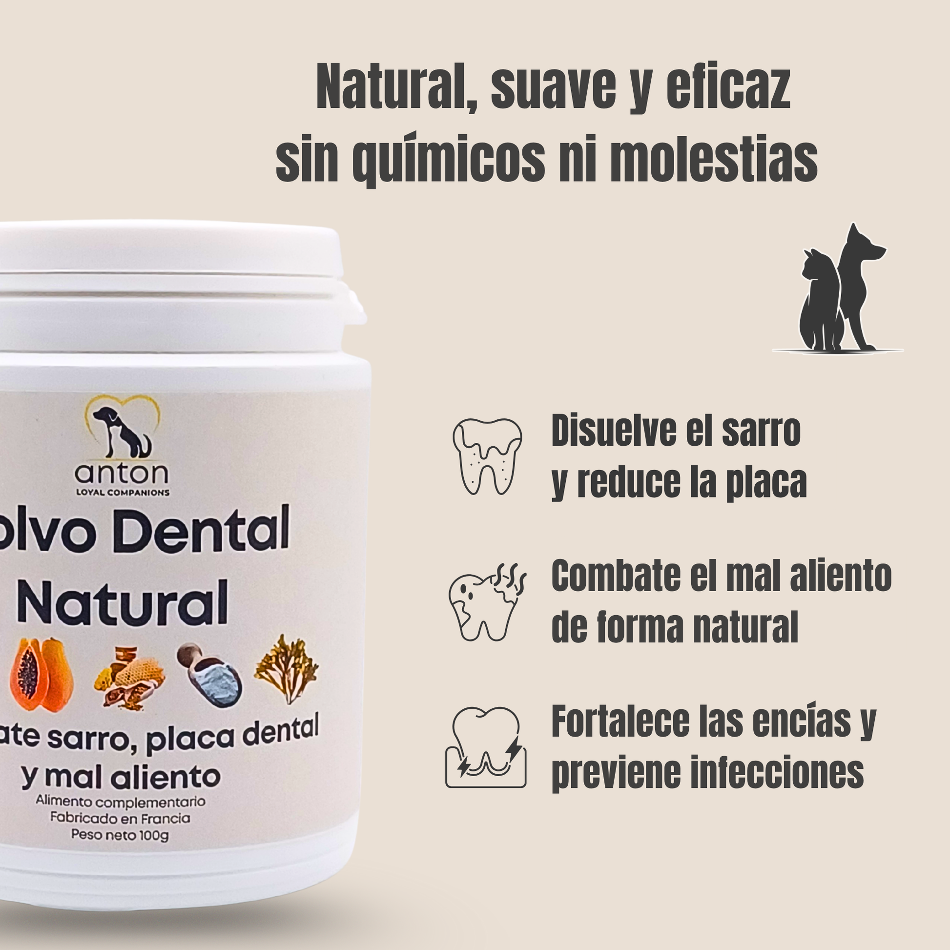 Polvo dental natural para perros y gatos – Combate sarro, placa y mal aliento – 150 g