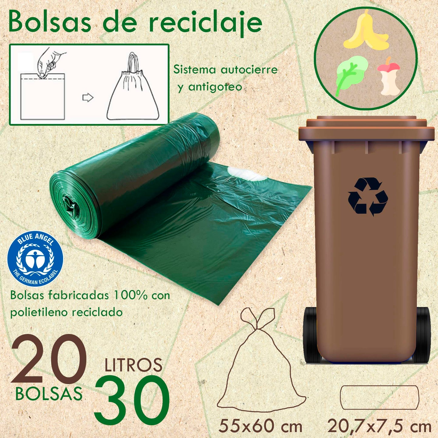 Rollo De 20 Bolsas De Basura Con Autocierre, Fabricada Con Materiales 100% Reciclados, Capacidad 30l, 55x60 Cm.