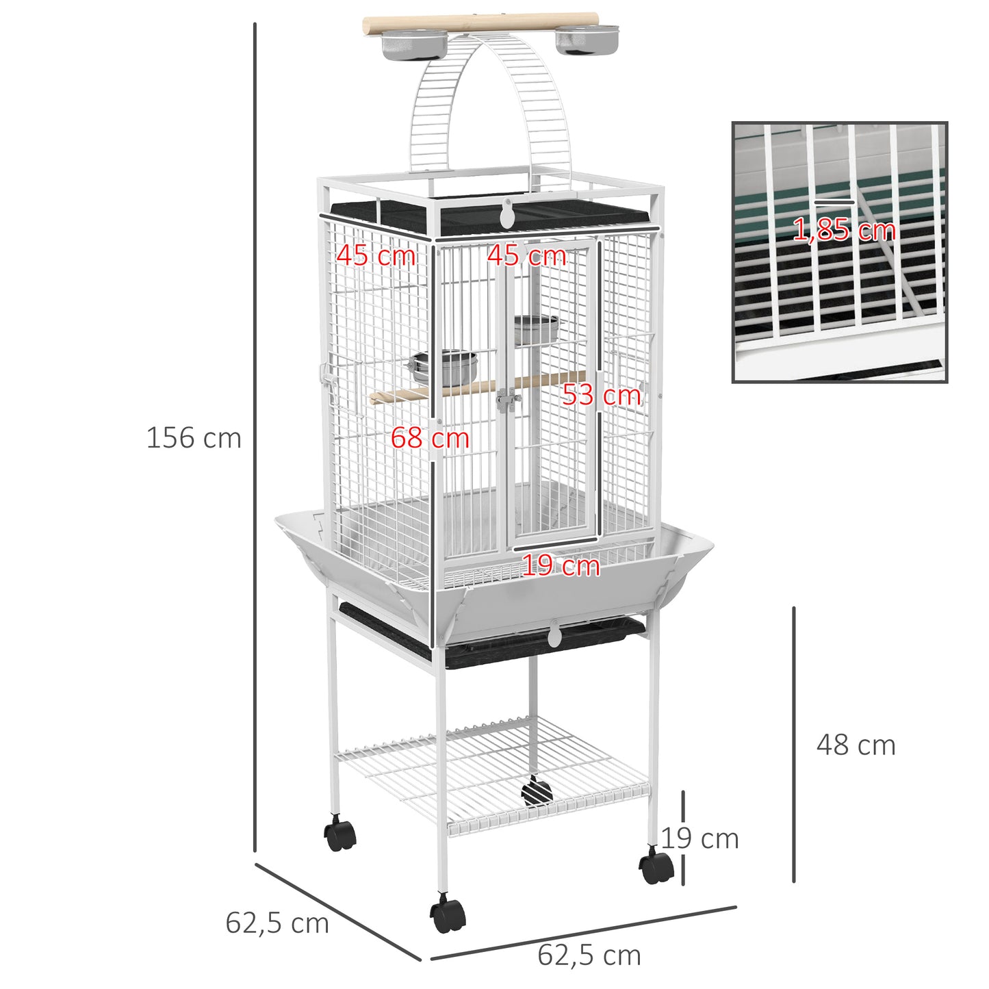 Pawhut Jaula Para Loros Con Ruedas Perchas Comederos 62,5x62,5x156 Cm Blanco_2