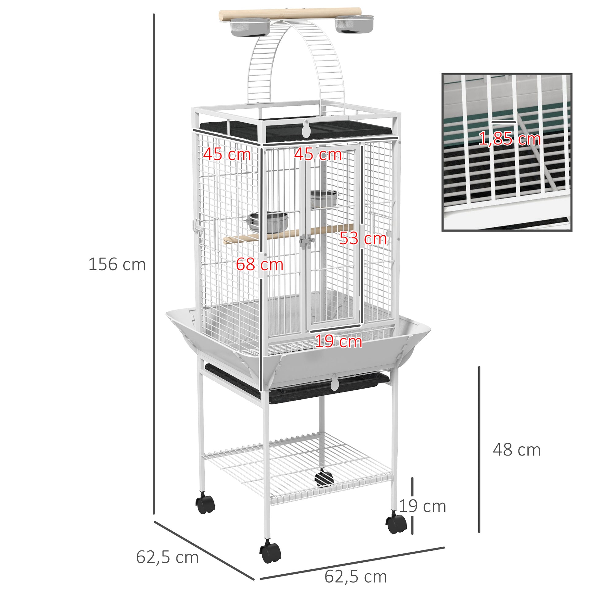 Pawhut Jaula Para Loros Con Ruedas Perchas Comederos 62,5x62,5x156 Cm Blanco_2