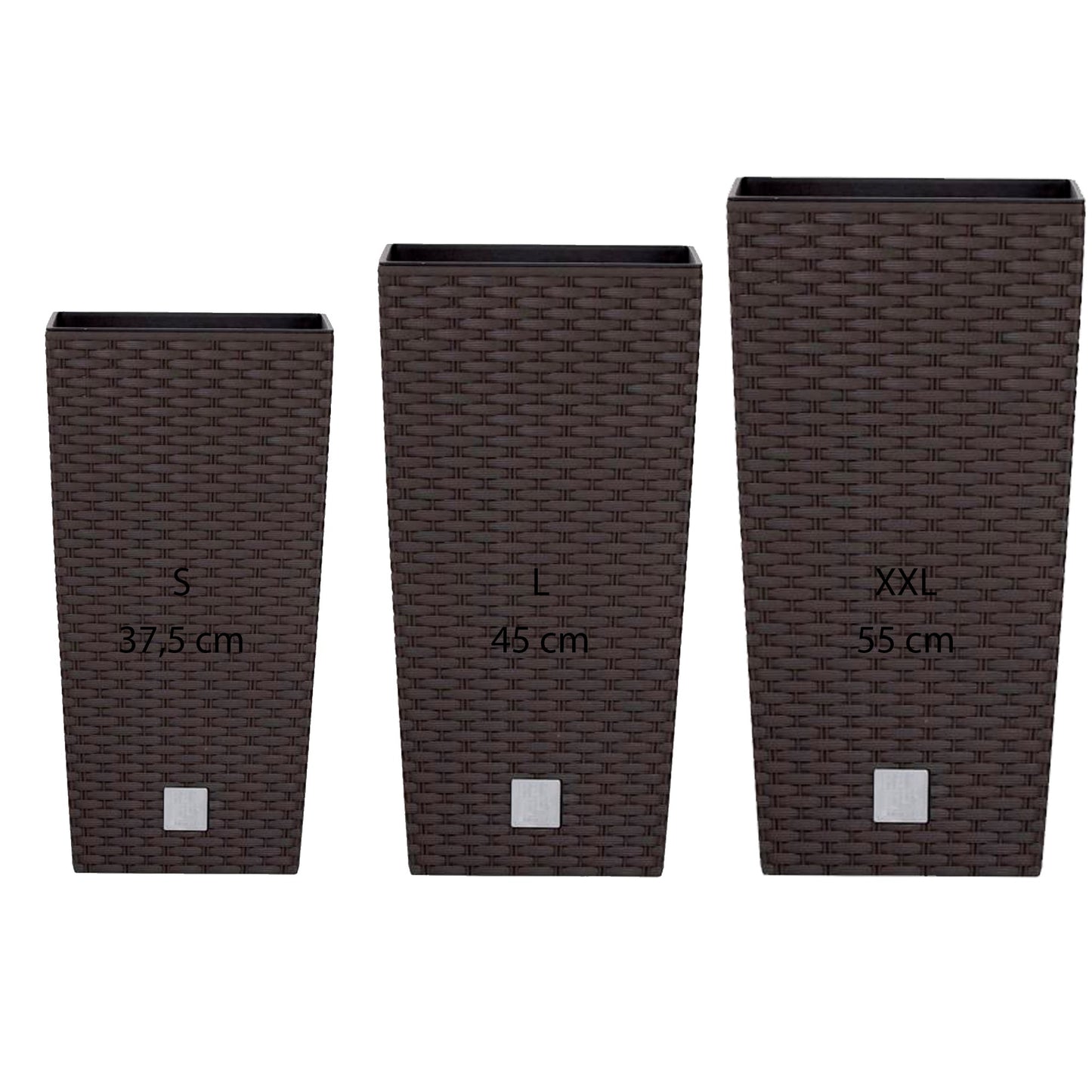 Pack 3 Macetas Altas Prosperplast (11,4/19/35 Litros) Rato Square De Plastico En Color Ocre Oscuro Con Deposito.