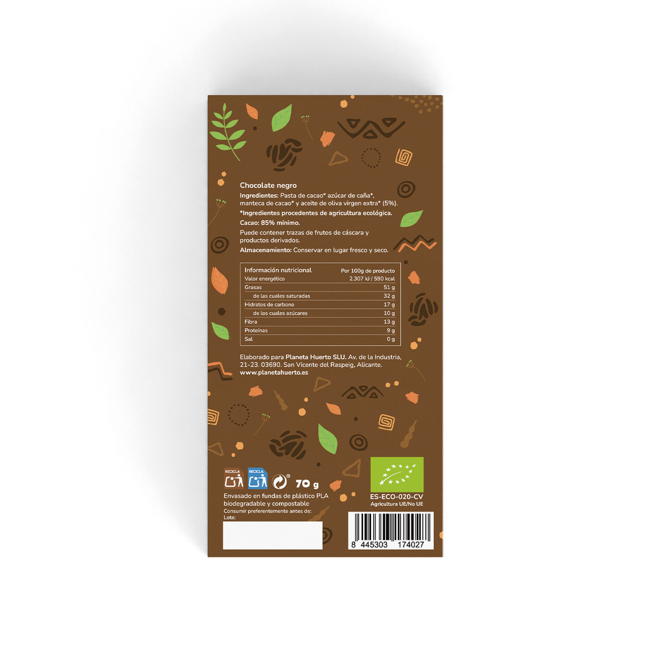 Barra de chocolate negro 85% ECO Planeta Huerto 70 g