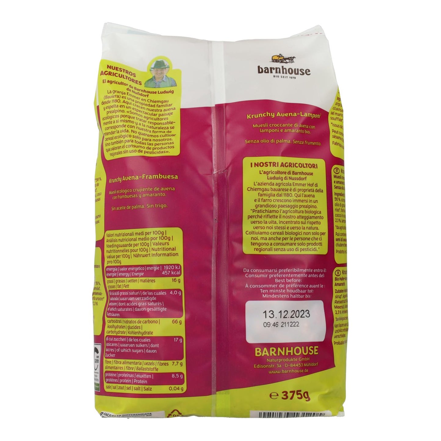 Muesli Barnhouse de aveia crocante, framboesa e aronia, 375 g