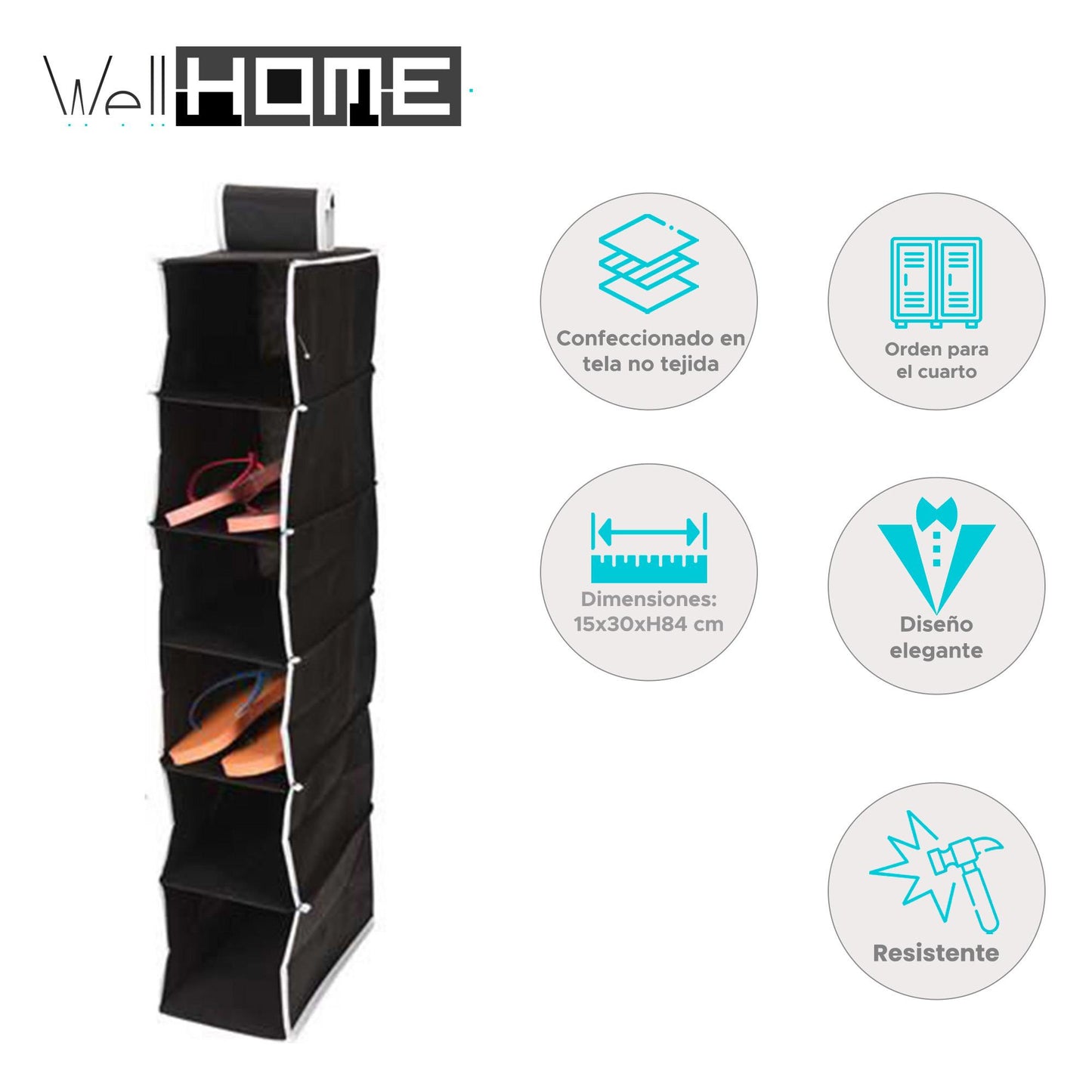 Well Home Organizador Colgante De Almacenamiento Con 6 Compartimentos 15x30xh84cm Negro Con Ribetes Blancos_1
