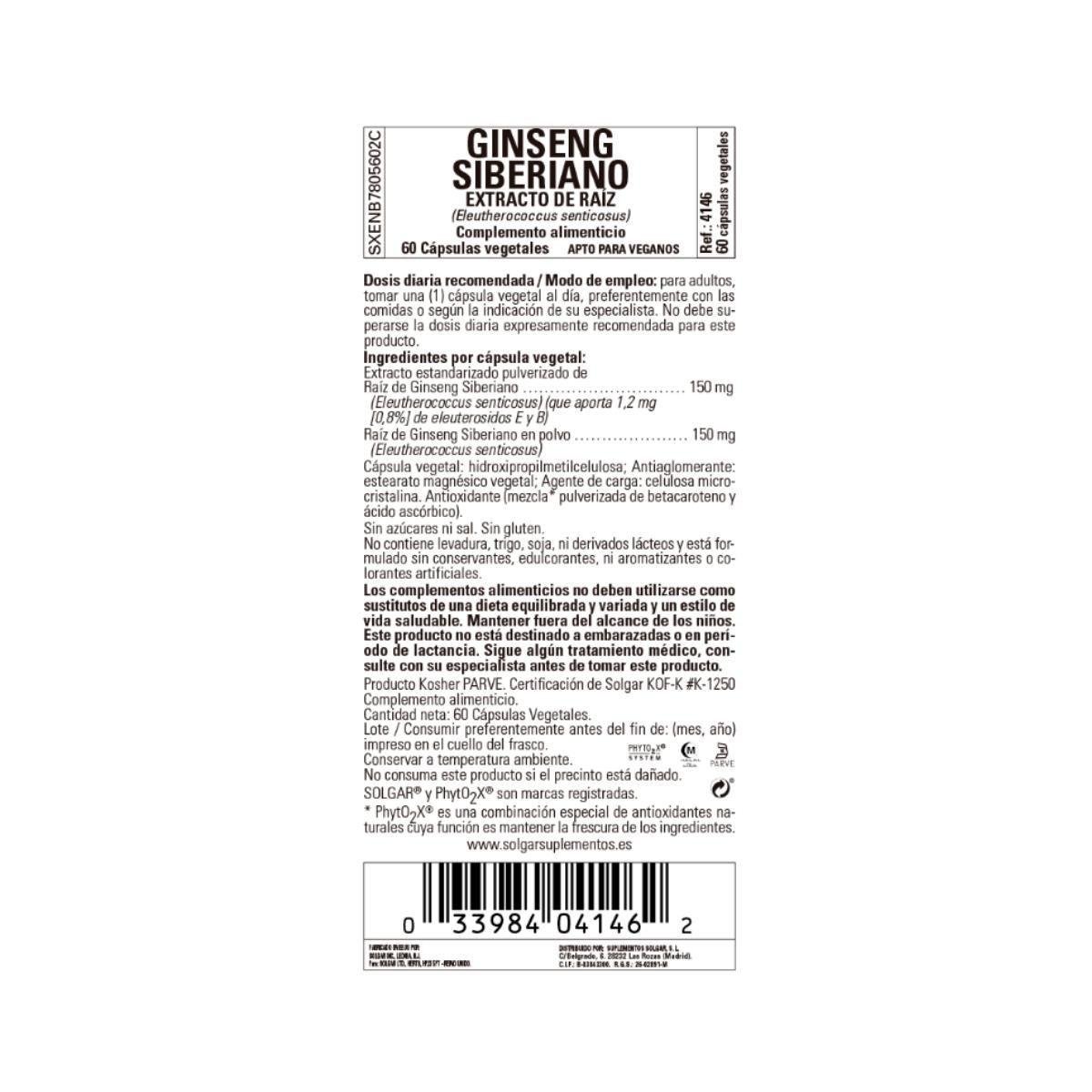 Extrato de raiz de ginseng siberiano, 60 cápsulas vegetais (520 mg)