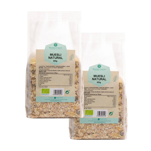 Embalagem de 2 mueslis naturais com passas do Planeta Huerto, 500 g.