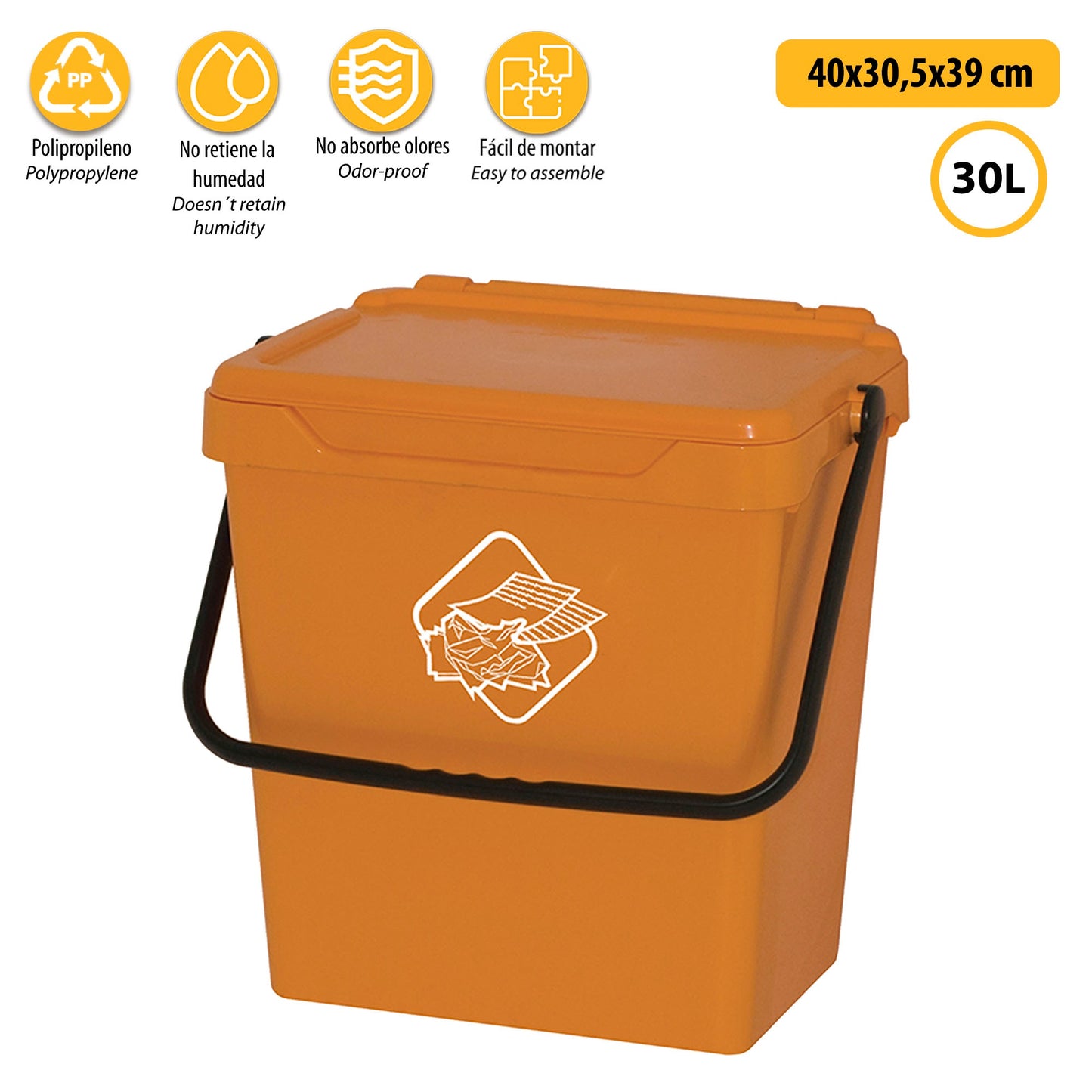 Cubo De Polipropileno Con La Manija Y La Cubierta, De Color Amarillo, 30 Lt. 400x305x390 Mm_2