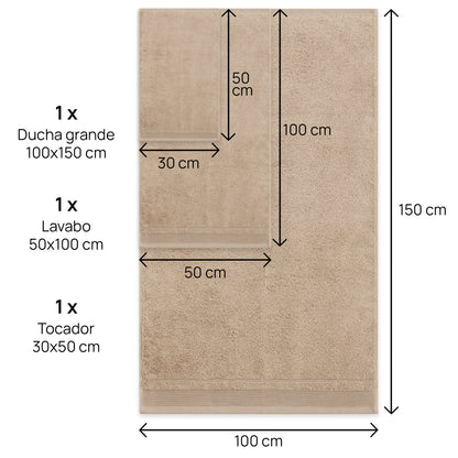 Juego De Toallas De Baño 3 Piezas: Tocador, Lavabo Y Sabana - 100% Algodón, 500 Gr Beige_2