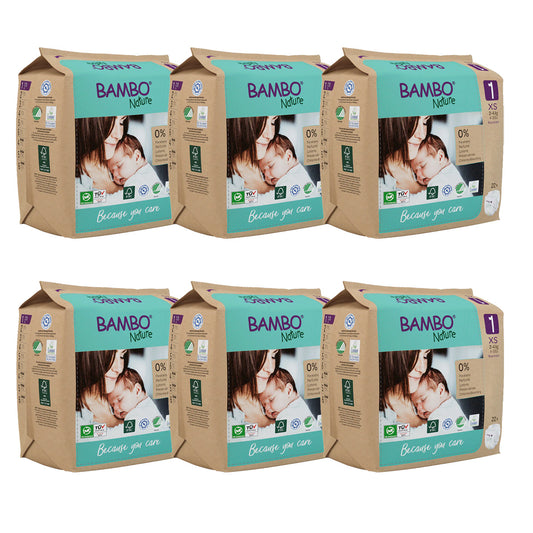 Pack de 6 fraldas Bambo Nature T1 (2-4g) 22 unidades