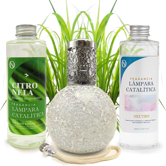 Pack Ahorro Lámpara Catalítica Mosaico Blanco + Fragancia Citronela 200ml + Limpiador Neutro 200ml + Mecha Repuesto_0