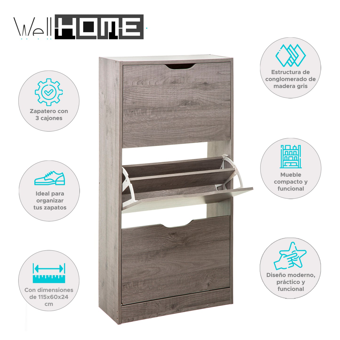Wellhome Almacenamiento Zapatos 3 Cajones Madera Gris_1