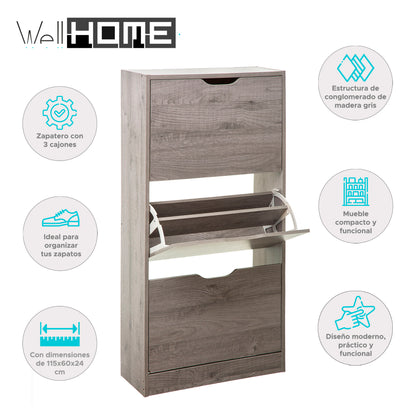Wellhome Almacenamiento Zapatos 3 Cajones Madera Gris_1