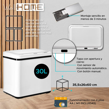 Cubo Inteligente 30l Sin Patas Apertura Auto Blanco_1
