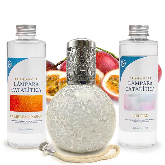 Pack Ahorro Lámpara Catalítica Mosaico Blanco + Aroma Caribbean Passion 200ml + Limpiador Neutro 200ml + Mecha Repuesto_0
