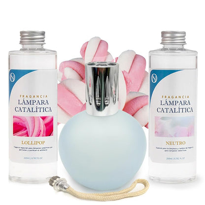 Pack Lámpara Catalítica Azul Grisáceo Mate + Fragancia Lollipop 200ml + Limpiador Neutro 200ml + Mecha Repuesto_0