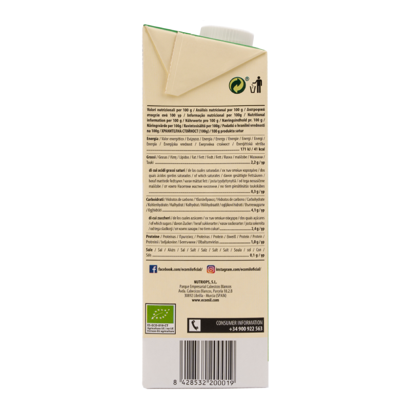 Bebida Vegetal de Almendra endulzada con Ágave BIO EcoMil 1 L