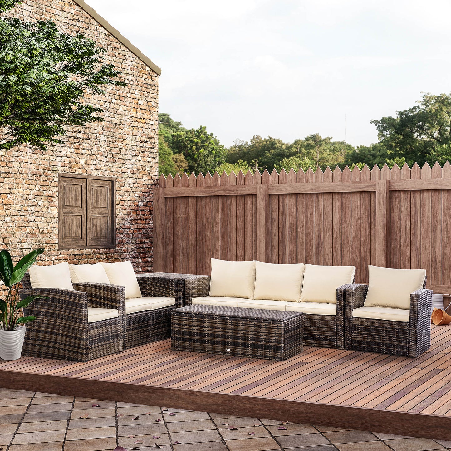 Outsunny Conjunto De Muebles Jardín De Ratán 6 Piezas Con Almacenaje Y Cojines_1